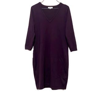 CALVIN KLEIN, V-Neckline, Kimono Sleeves, Sweater Dress, Plum, Large